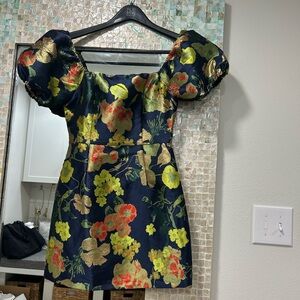 Lulu's Navy Floral Puff-Sleeve Dress with Gold Accents